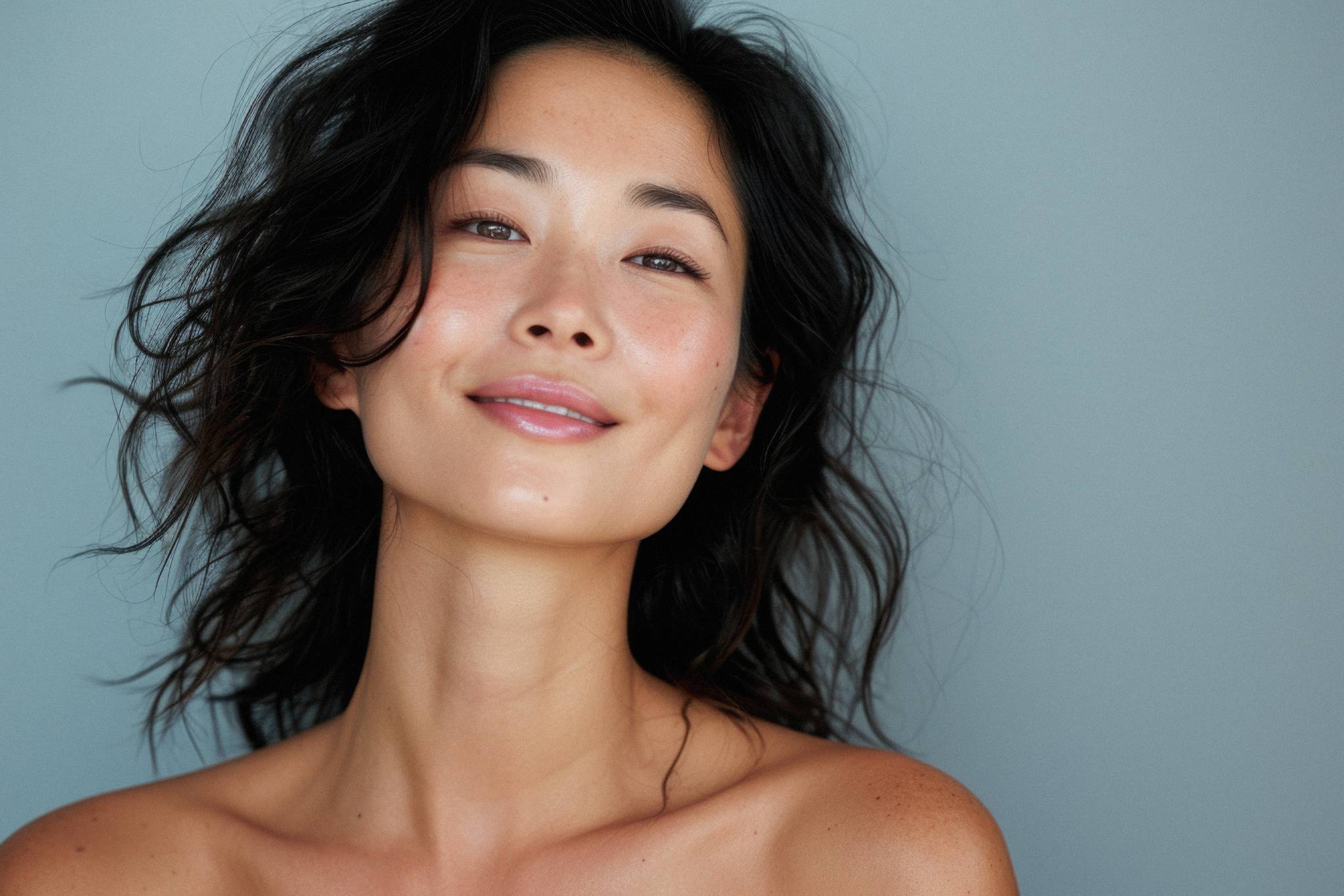 woman with wavy dark hair and bare shoulders looking forward with a relaxed expression against a plain background